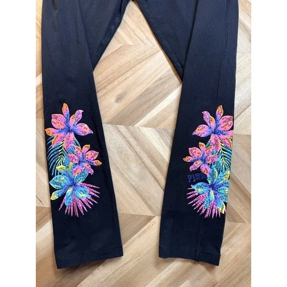 VS PINK Hibiscus Bling Yoga Leggings Wmns L Sequin Activewear Blk/Pink Y2K - Picture 5 of 6